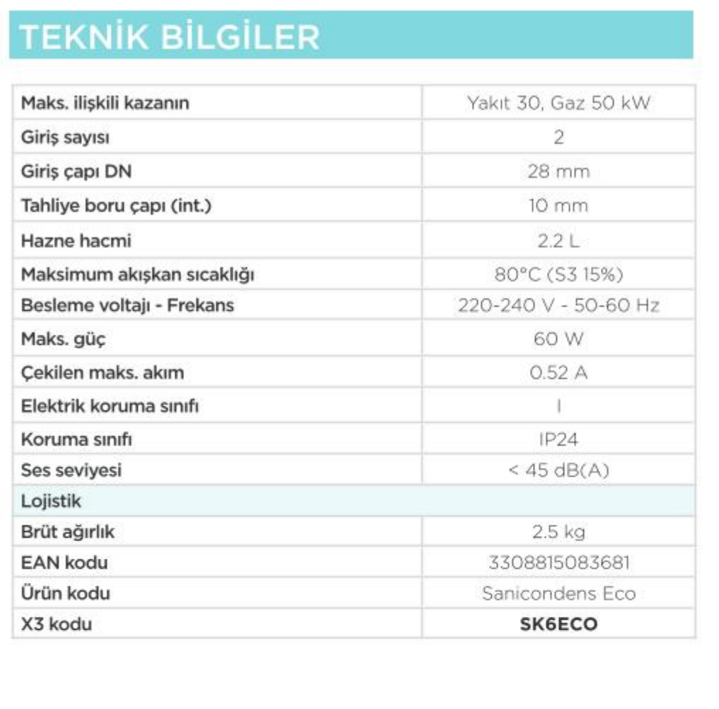 SFA SANICONDENS ECO üretici teknik verileri